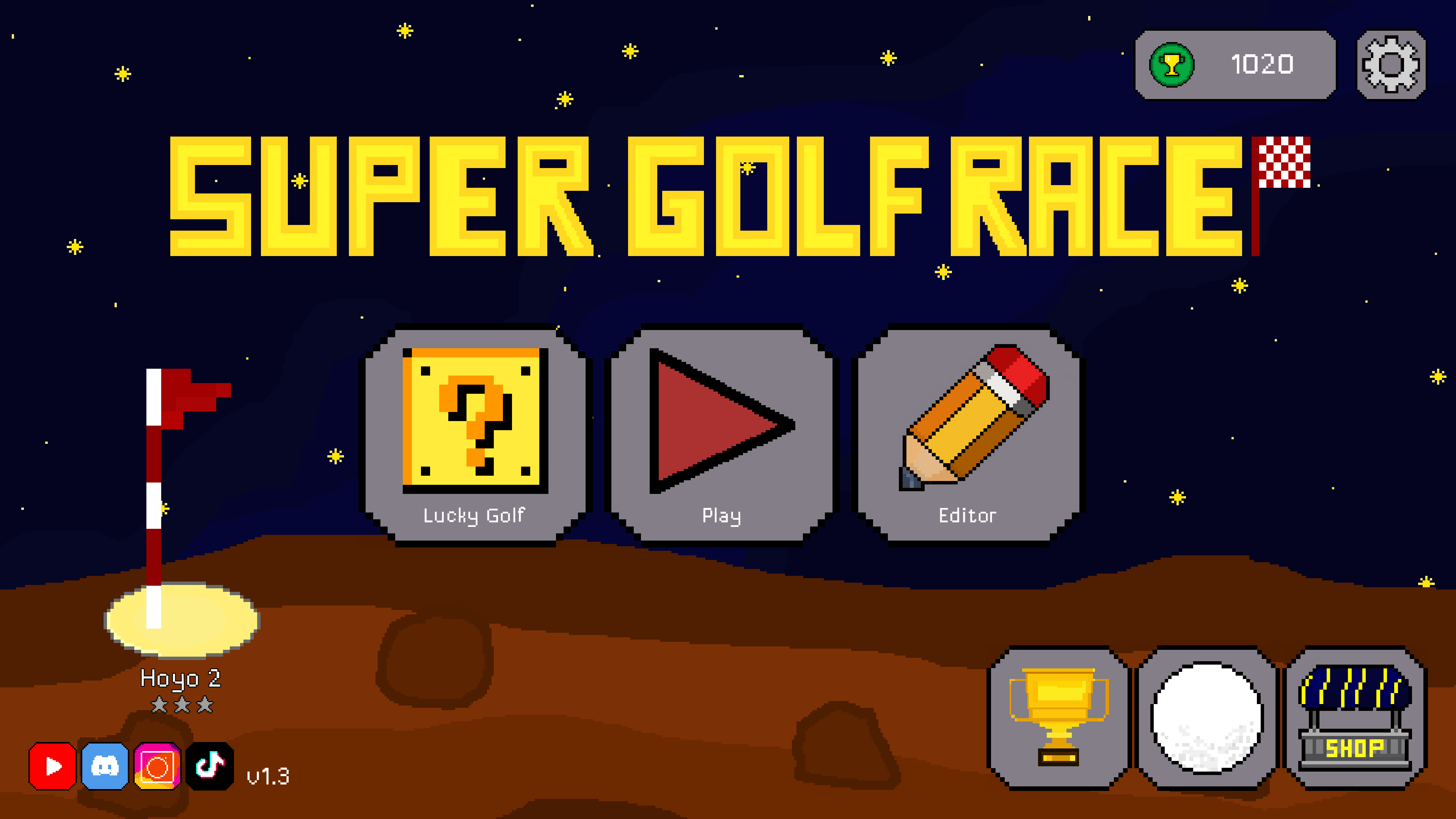 Multiple game modes including story mode, level editor, and lucky golf